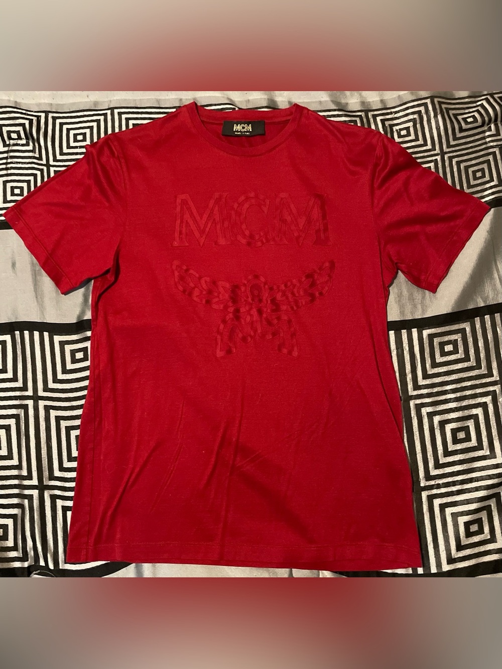 MCM Men's Red Tone on Tone Embossed Logo Short Sleeve Tee